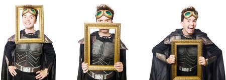 Young funny man in armour suit
