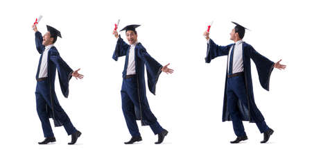 Young man happy with his graduation isolated on whiteの写真素材