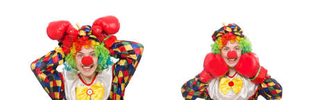 Clown with boxing gloves isolated on whiteの写真素材