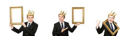 Man with picture frame isolated on the whiteの写真素材