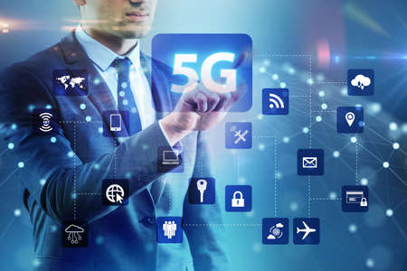 5g internet concept with businessman pressing buttons