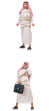 Arab man tied up with ropeの写真素材