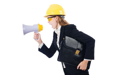Woman with hard hat isolated on whiteの写真素材
