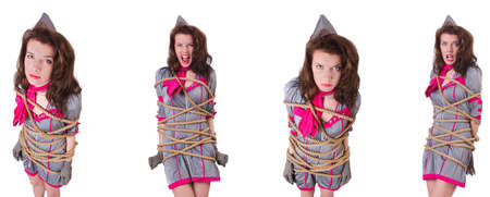 Young stewardess tied up with a rope