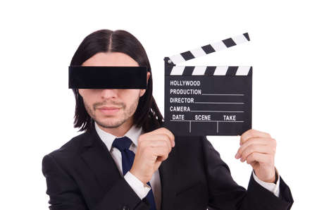 Young man with black face mask on whiteの写真素材