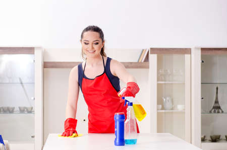 Young beautiful woman cleaning apartment