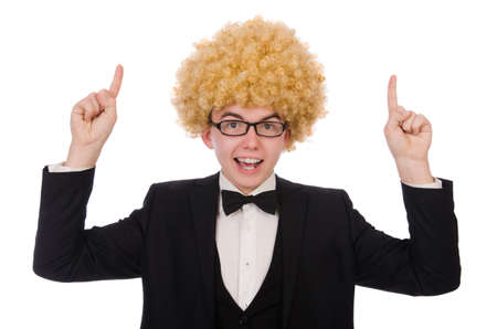 Young man wearing afro wigの写真素材