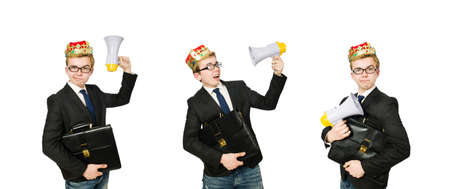 Man with crown and megaphone isolated on whiteの写真素材