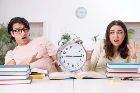 Students preparing for exam together at homeの写真素材