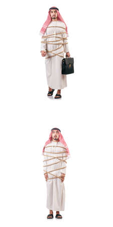 Arab man tied up with ropeの写真素材