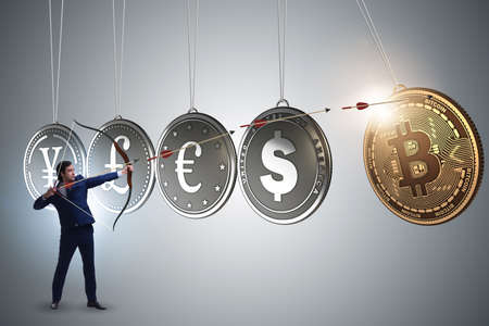 Businessman in cryptocurrency concept aiming with bow and arrow
