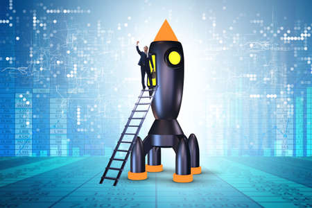 Young businessman boarding space rocket in start-up concept