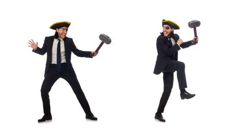 Pirate businessman holding hammer isolated on whiteの写真素材