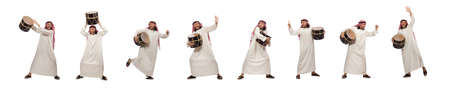 Arab man playing drum isolated on whiteの写真素材