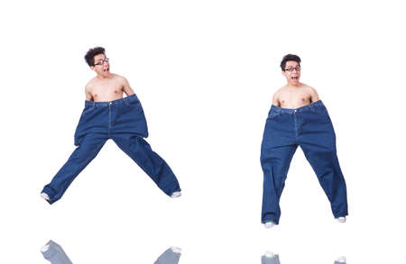 Funny man with trousers isolated on whiteの写真素材
