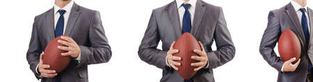 Man with american football ball isolated on whiteの写真素材