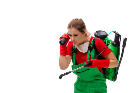 Female pest control contractor isolated on white