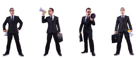 Male boss with megaphone isolated on whiteの写真素材