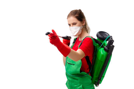 Female pest control contractor isolated on white