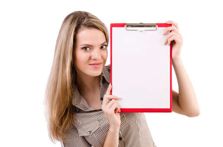 Young woman holding blank isolated on whiteの写真素材