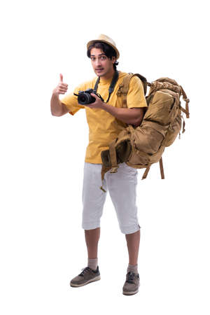 Young handsome tourist isolated on whiteの写真素材