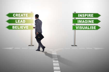 Businessman having hard choice standing at crossroadsの写真素材