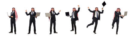 Arab businessman with computer on whiteの写真素材