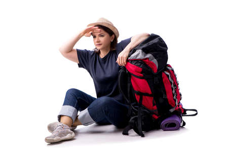 Aged female tourist isolated on whiteの写真素材