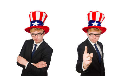 Businessman with american hat isolated on whiteの写真素材
