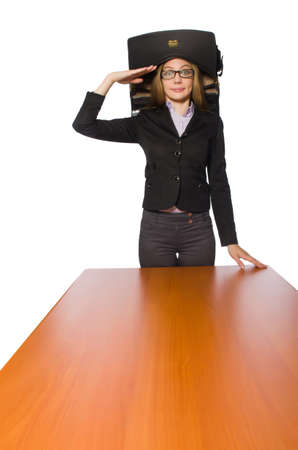 Female employee sitting at long table isolated on whiteの写真素材