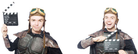 Young funny man in armour suit