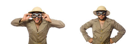 Man in safari hat with goggles on white backgroundの写真素材