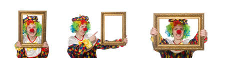 Funny clown girl with frame isolated on white