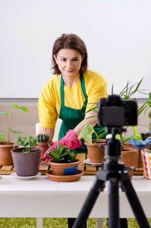 Female blogger explaining houseplants growingの写真素材