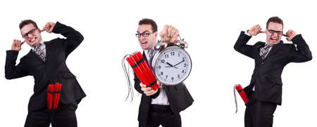 Man with time bomb isolated on whiteの写真素材