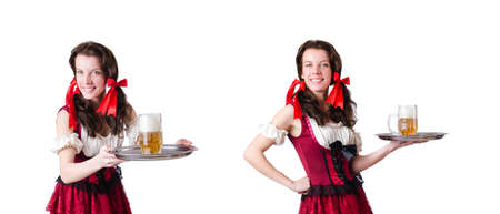 Bavarian girl with tray on whiteの写真素材