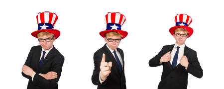 Businessman with american hat isolated on whiteの写真素材