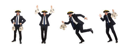 Pirate businessman holding money bags isolated on whiteの写真素材