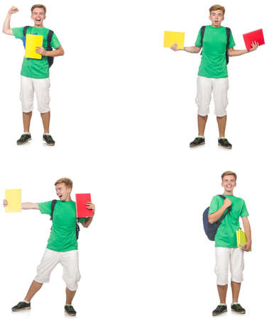 Young student with backpack and notes isolated on whiteの写真素材