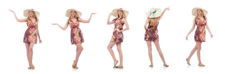 Beautiful dancing woman in summer dress  handing hands  isolatedの写真素材