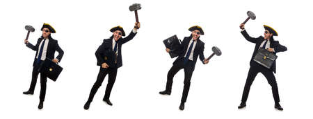 Pirate businessman with hammer and briefcase isolated on whiteの写真素材