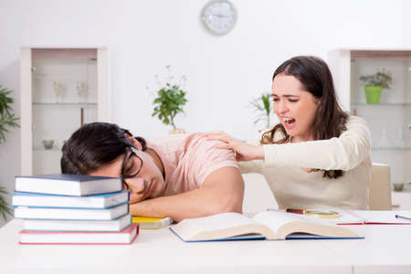 Students preparing for exam together at homeの写真素材