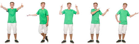 Young boy in green t-shirt isolated on whiteの写真素材