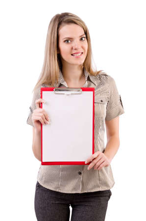Young woman holding blank isolated on whiteの写真素材