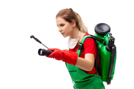 Female pest control contractor isolated on whiteの写真素材
