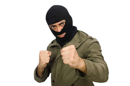 Criminal wearing mask isolated on white