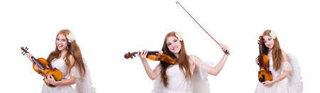 Young violin player isolated on whiteの写真素材