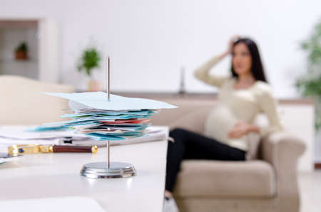 Young pregnant woman in budget planning concept