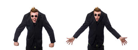 Funny man wearing sunglasses isolated on whiteの写真素材