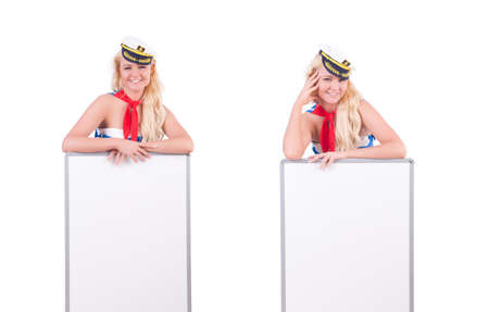 Stewardess with blank board on whiteの写真素材